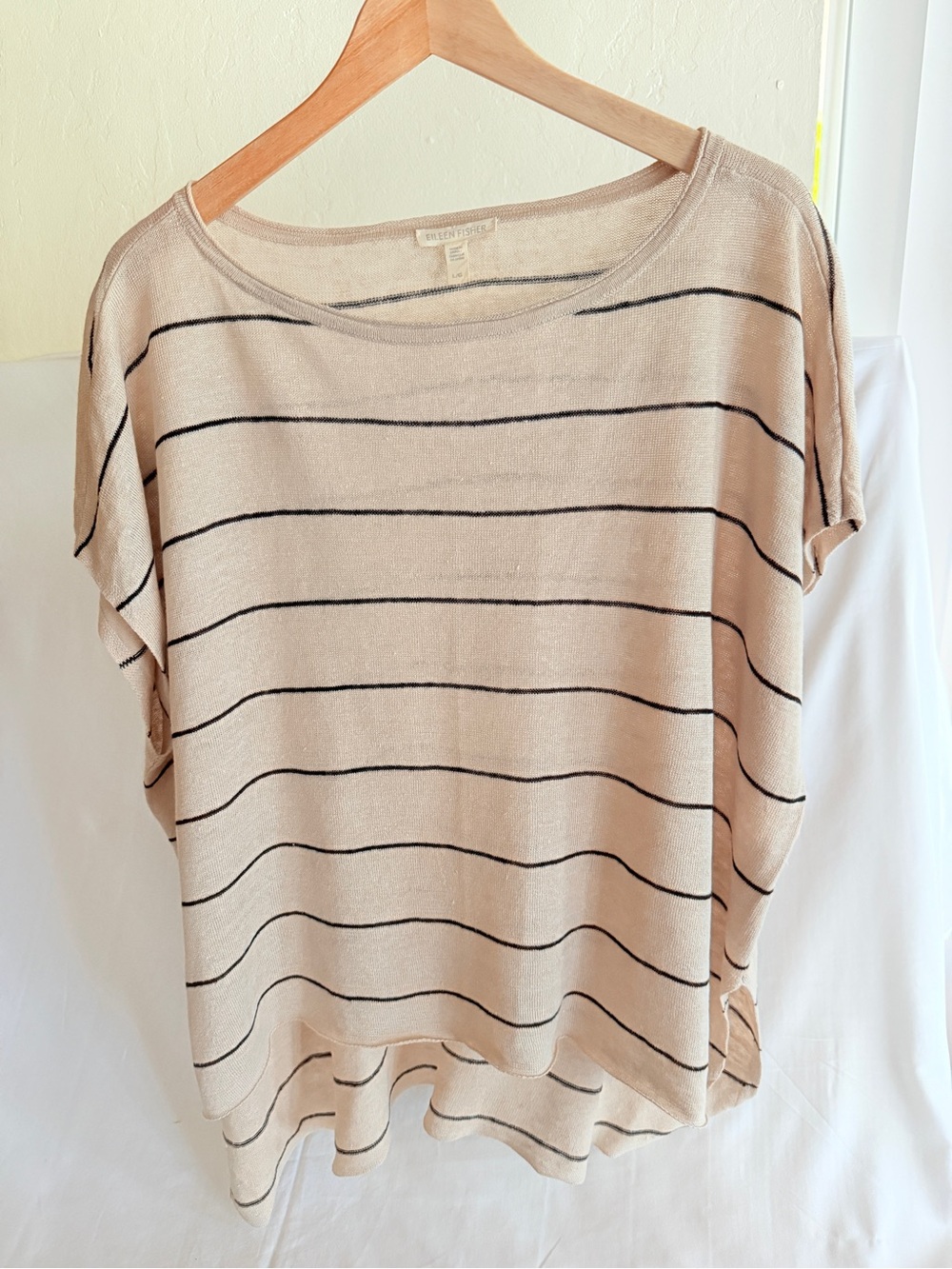 Eileen Fisher Organic Linen Striped Boxy Top L Blush Pink Boat Neck Oversized